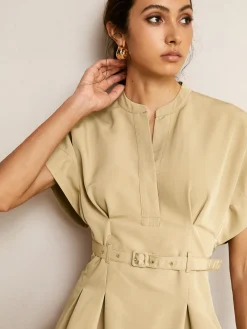 COMMENSE Stand Collar Short Dress With Belt* Work Dresses|Summer Dresses