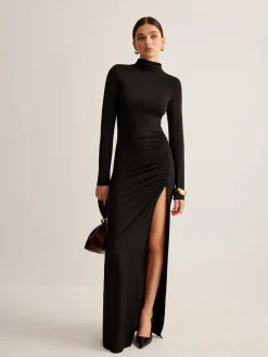 COMMENSE Stand-Collar Pleated Slit Jersey Dress* Black Dresses|Cocktail & Party Dresses