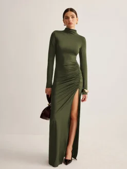 COMMENSE Stand-Collar Pleated Slit Jersey Dress* Black Dresses|Cocktail & Party Dresses