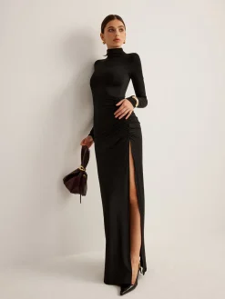 COMMENSE Stand-Collar Pleated Slit Jersey Dress* Black Dresses|Cocktail & Party Dresses