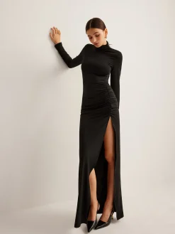 COMMENSE Stand-Collar Pleated Slit Jersey Dress* Black Dresses|Cocktail & Party Dresses