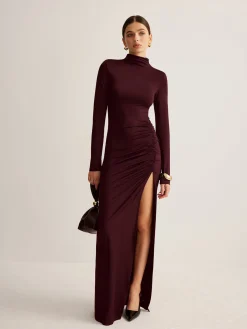 COMMENSE Stand-Collar Pleated Slit Jersey Dress* Black Dresses|Cocktail & Party Dresses