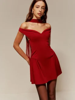 COMMENSE Straight Neck Ribbon Pleated Short Dress* Cocktail & Party Dresses|Summer Dresses