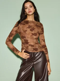 COMMENSE Straight Neck Velvet Floral T-Shirt* Tops