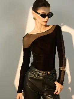 COMMENSE Straight Shoulder Sheer-Detail Slim Top* Blouses & Shirts|Tops