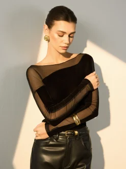 COMMENSE Straight Shoulder Sheer-Detail Slim Top* Blouses & Shirts|Tops