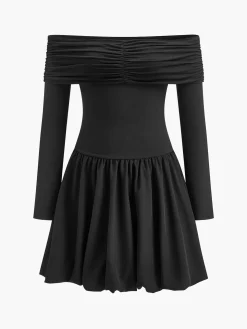 COMMENSE Straight-Shoulder Bud Waist Jersey Dress* Black Dresses|Cocktail & Party Dresses