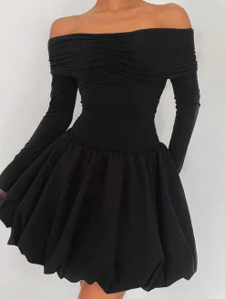 COMMENSE Straight-Shoulder Bud Waist Jersey Dress* Black Dresses|Cocktail & Party Dresses