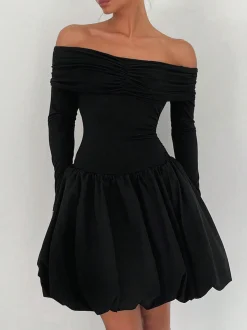 COMMENSE Straight-Shoulder Bud Waist Jersey Dress* Black Dresses|Cocktail & Party Dresses