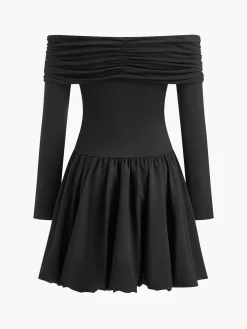 COMMENSE Straight-Shoulder Bud Waist Jersey Dress* Black Dresses|Cocktail & Party Dresses