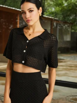 COMMENSE Stretch Crochet Button Skirt Set* Sweater Tops|Skirts