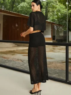 COMMENSE Stretch Crochet Button Skirt Set* Sweater Tops|Skirts