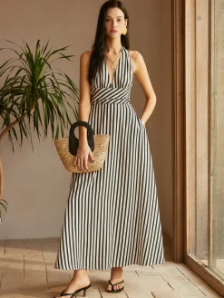 COMMENSE Stripe Backless Pockets Dress* White Dresses|Casual Dresses