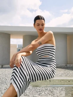 COMMENSE Stripe Cutout Rib Midi Tube Dress* White Dresses|Sweater Dresses