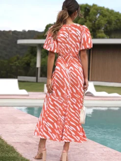 COMMENSE Stripe Pattern Cutout Long Dress* Casual Dresses|Vacation Dresses