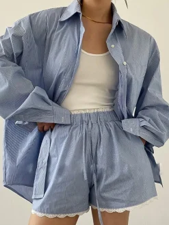 COMMENSE Stripe Textured Long Sleeve Shorts Set* Shorts Sets|Shorts