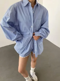 COMMENSE Stripe Textured Long Sleeve Shorts Set* Shorts Sets|Shorts