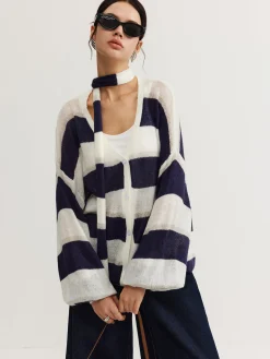 COMMENSE Striped Breasted Thin Cardigan With Scarf* Cardigans|Sweaters & Cardigans