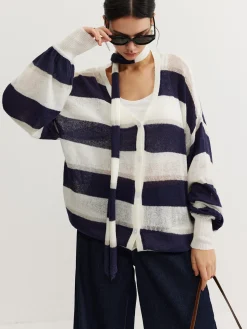 COMMENSE Striped Breasted Thin Cardigan With Scarf* Cardigans|Sweaters & Cardigans