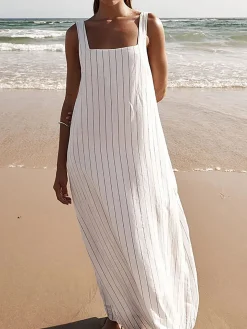 COMMENSE Striped Cami Long Dress* White Dresses|Casual Dresses