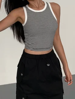 COMMENSE Striped Crew Neck Tank Top* Tank Tops & Camis|Tops