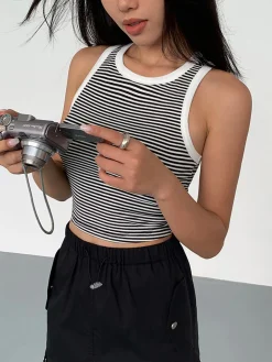 COMMENSE Striped Crew Neck Tank Top* Tank Tops & Camis|Tops