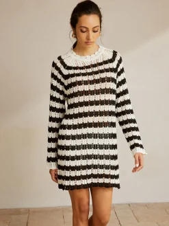 COMMENSE Striped Lettuce Trim Hollow Sweater* Sweater Tops|Sweaters & Cardigans