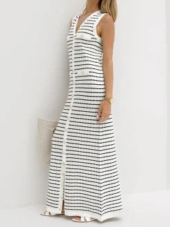 COMMENSE Striped Metal Button Long Sweater Dress* Sweater Dresses|Work Dresses