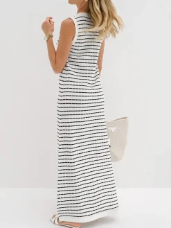 COMMENSE Striped Metal Button Long Sweater Dress* Sweater Dresses|Work Dresses