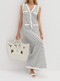 COMMENSE Striped Metal Button Long Sweater Dress* Sweater Dresses|Work Dresses