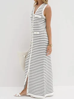 COMMENSE Striped Metal Button Long Sweater Dress* Sweater Dresses|Work Dresses