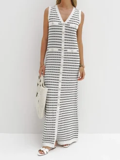 COMMENSE Striped Metal Button Long Sweater Dress* White Dresses|Black Dresses