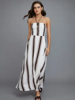 COMMENSE Striped Off-Shoulder Long Dress* White Dresses|Cocktail & Party Dresses