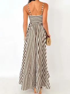 COMMENSE Striped Pleated Cami Long Dress* Casual Dresses|Vacation Dresses