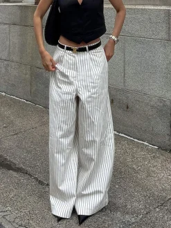 COMMENSE Striped Pockets Wide Leg Pants Without Belt* Wide Leg|Pants