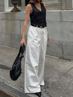 COMMENSE Striped Pockets Wide Leg Pants Without Belt* Wide Leg|Pants