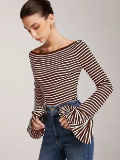 COMMENSE Striped Ruffle-Sleeve Knit Top* Sweater Tops|Sweaters & Cardigans