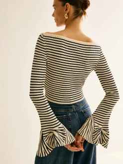 COMMENSE Striped Ruffle-Sleeve Knit Top* Sweater Tops|Sweaters & Cardigans