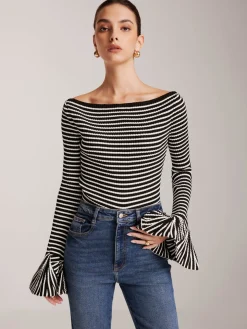 COMMENSE Striped Ruffle-Sleeve Knit Top* Sweater Tops|Sweaters & Cardigans