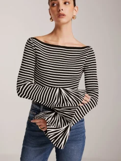 COMMENSE Striped Ruffle-Sleeve Knit Top* Sweater Tops|Sweaters & Cardigans