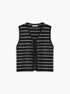 COMMENSE Striped V-Neck Tie Front Sweater Vest* Sweater Vests|Sweaters & Cardigans