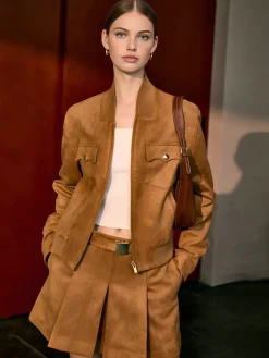 COMMENSE Suede Pleated Pockets Skirt With Belt* Skirts|Matching Sets