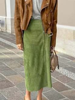 COMMENSE Suede Slit Zipper Skirt* Skirts|Bottoms