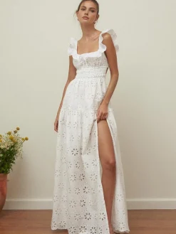 COMMENSE Sundrenched Cotton Eyelet Embroidered Long Dress* White Dresses|Casual Dresses