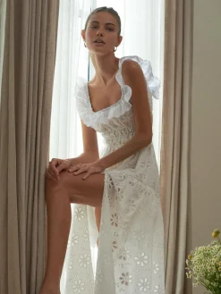 COMMENSE Sundrenched Cotton Eyelet Embroidered Long Dress* White Dresses|Casual Dresses