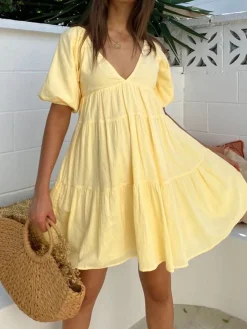 COMMENSE Sunshine Zippered Plunge Skater Short Dress* Casual Dresses|Vacation Dresses