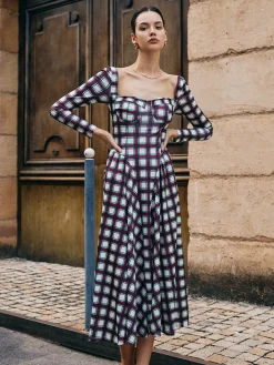 COMMENSE Sweetheart Plaid Pleated Dress* Casual Dresses|Long Dresses
