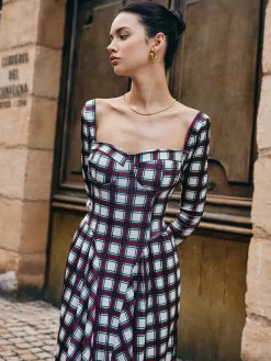 COMMENSE Sweetheart Plaid Pleated Dress* Casual Dresses|Long Dresses