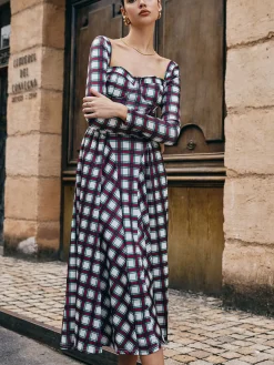 COMMENSE Sweetheart Plaid Pleated Dress* Casual Dresses|Long Dresses