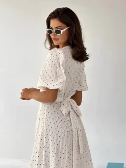 COMMENSE Sweetheart Textured Knotted Midi Dress* White Dresses|Work Dresses